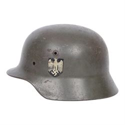 WWII German double decal steel helmet, M35, with both army and tri-colour decals, impress mark, stampings to helmet shell 4172 and ET62
