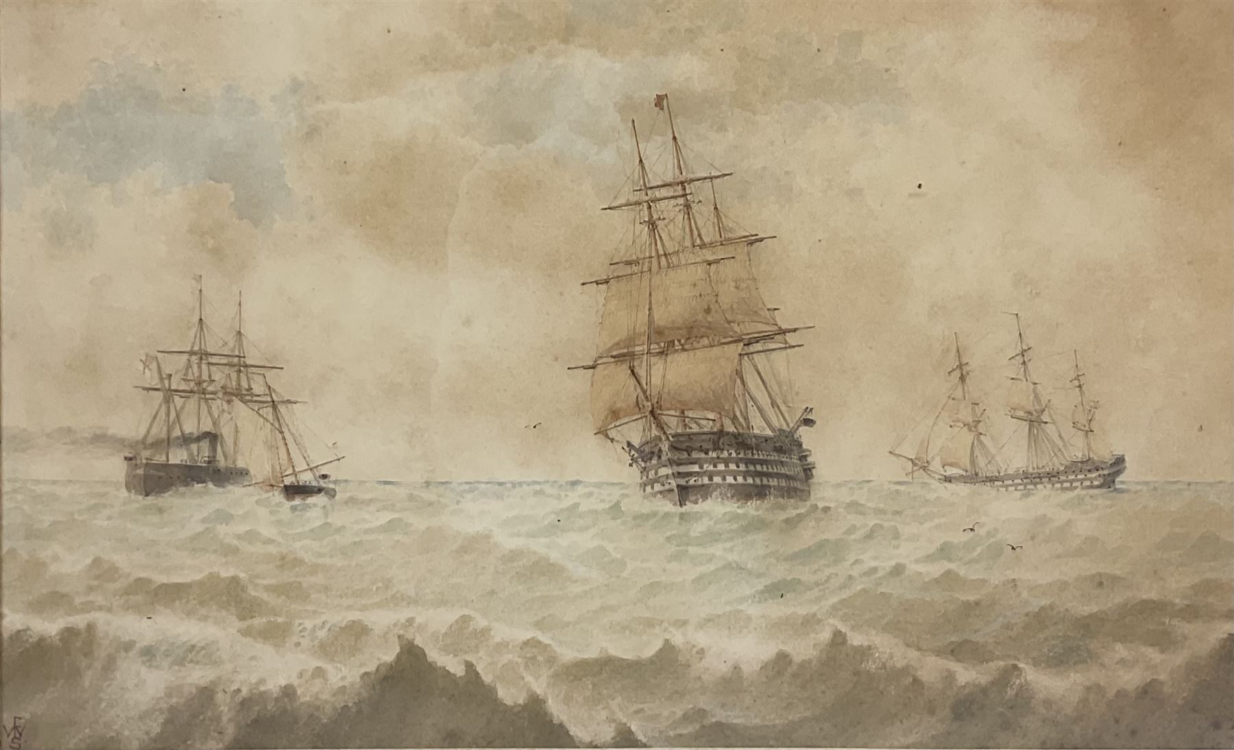 William Frederick Settle (British 1821-1897): Sailing and Steam Vessels at Sea, watercolour monogrammed and dated '87,  22cm x 33cm
