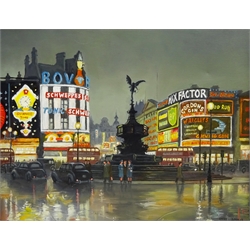 Steven Scholes (Northern British 1952-): 'Piccadilly Circus at Night' London 1965, oil on canvas signed, titled verso 39.5cm x 49.5cm   