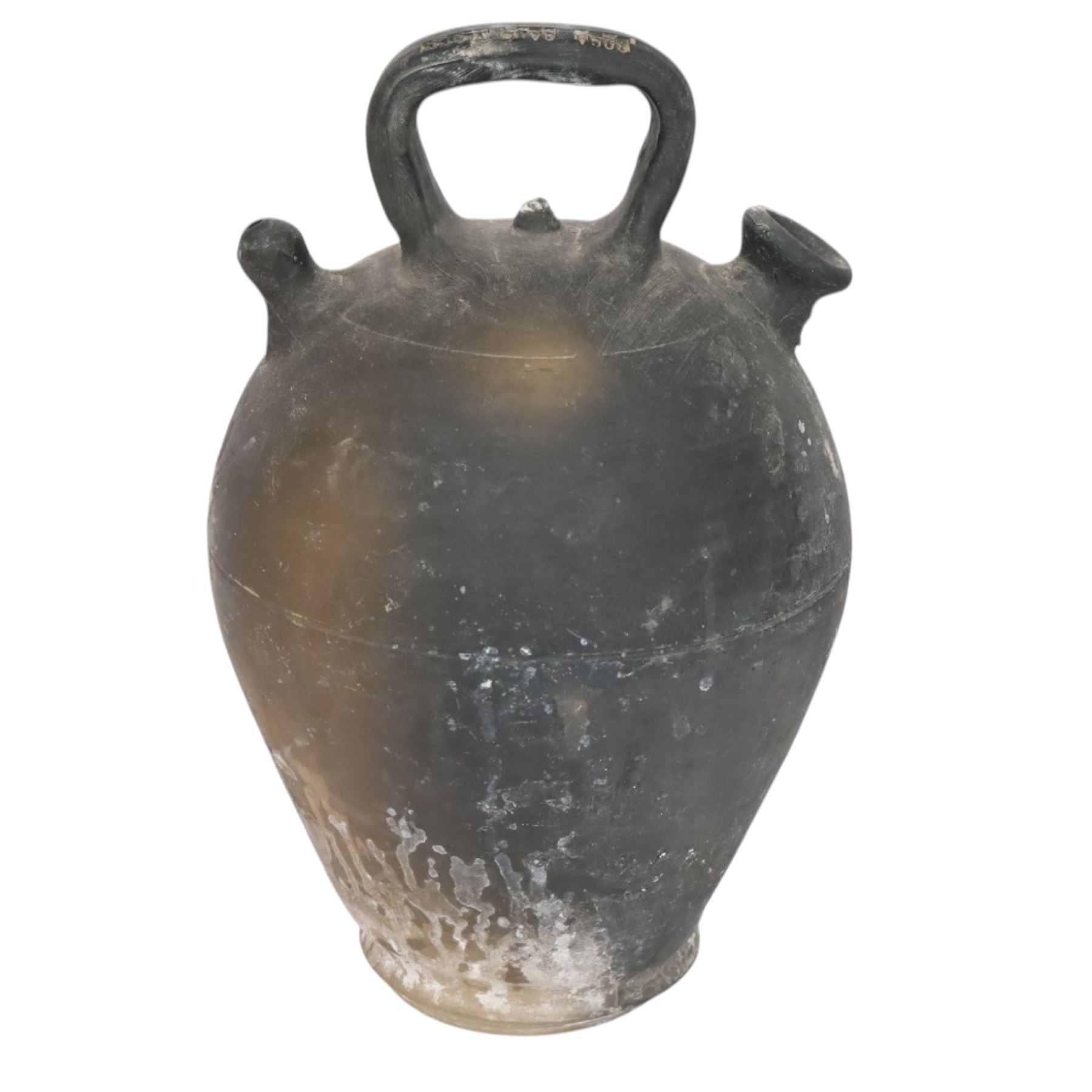 Four 20th century Spanish blackened earthenware botijo or cruche vessels, each of typical baluster form with central loop handle and opposing spout, impressed marks to handles, tallest example H31cm