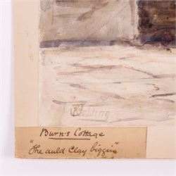 Robert Jobling (Staithes Group 1841-1923): 'Burns Cottage - The Auld Clay Biggin', watercolour signed, titled in the margin 21cm x 28cm (unframed) 
Notes: the picture depicts the interior of a cottage in Alloway, Ayrshire, the birthplace of Robert Burns. The same linen press and longcase clock can be seen in the picture of the same title by George Washington Brownlow (1835-76).