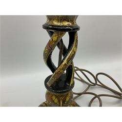  Kashmiri papier mache table lamp, open spiral twist column decorated with flowers, on a turned base,  H43cm