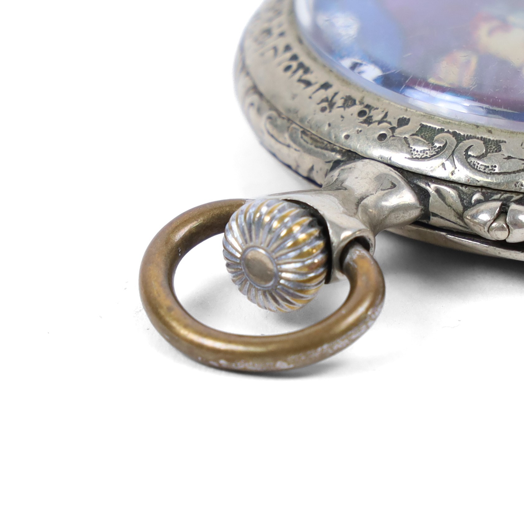 20th century silver plated pocket watch, the dial later printed with an erotic scene, D5cm