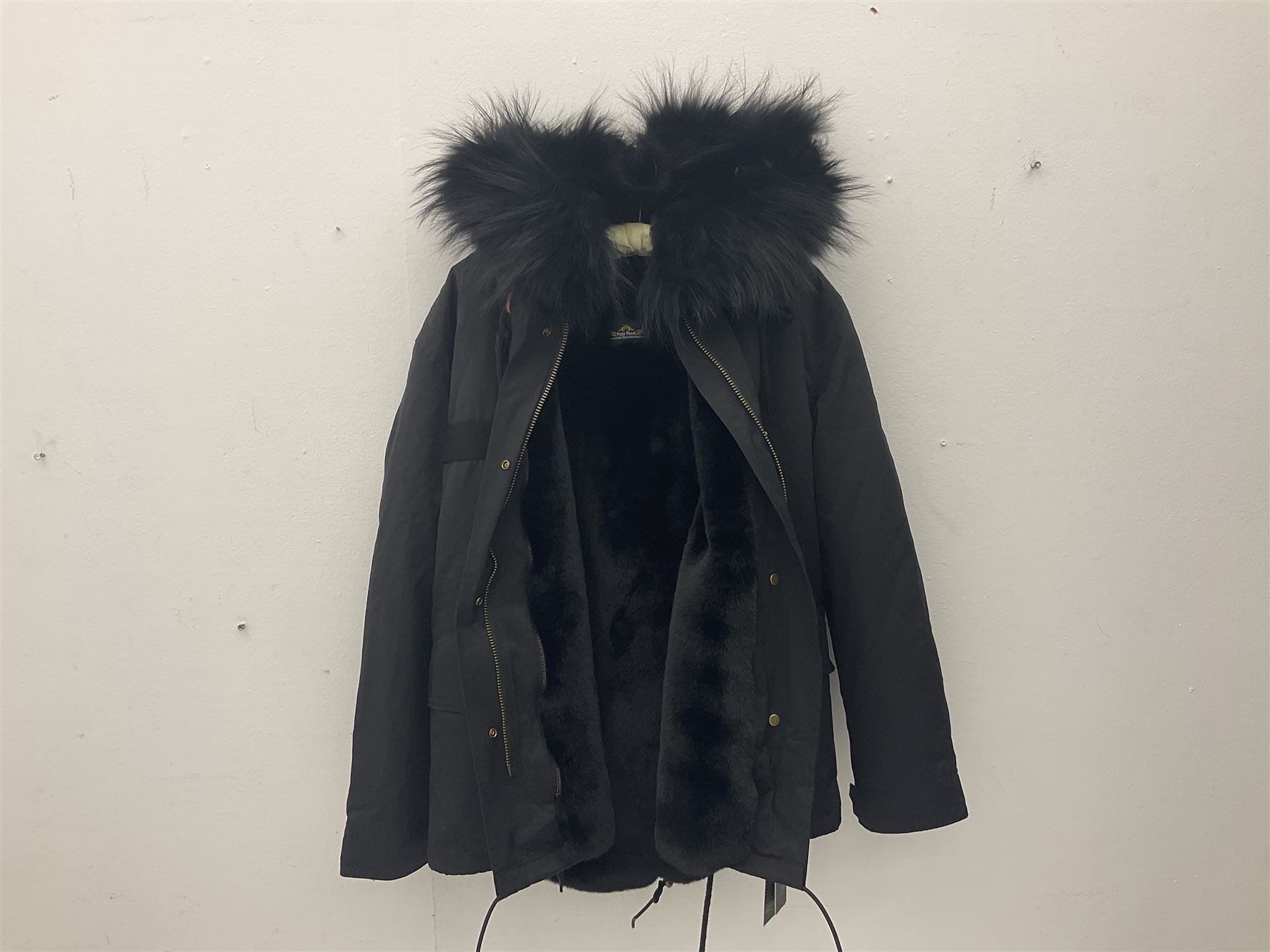 Posh Poms black raccoon fur collar parka coat lined with fur, new, unused 