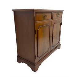 Reproduction mahogany side cabinet, moulded rectangular top over two drawers and double cupboard, bracket feet