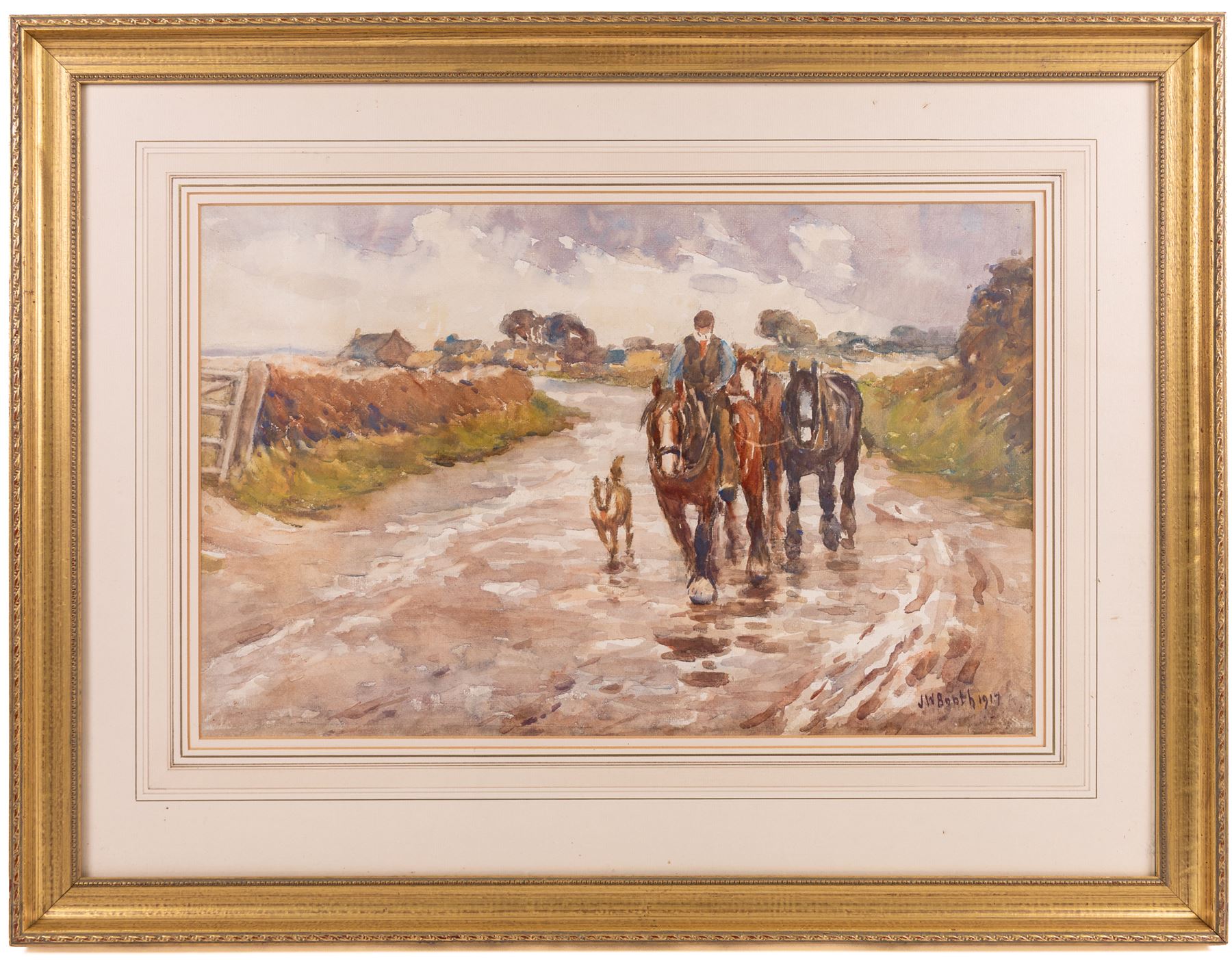 James William Booth (Staithes Group 1867-1953): Leading Horses Down a Lane, watercolour signed and dated 1917, 31cm x 49cm 