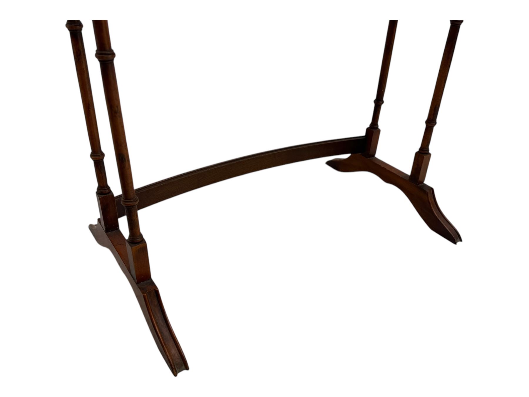 Pair of early 20th century mahogany side tables, each with rectangular tops, raised on turned supports joined by curved stretchers, terminating in splayed feet; mahogany fire screen, rectangular frame housing needlepoint floral panel, on shaped supports (3)