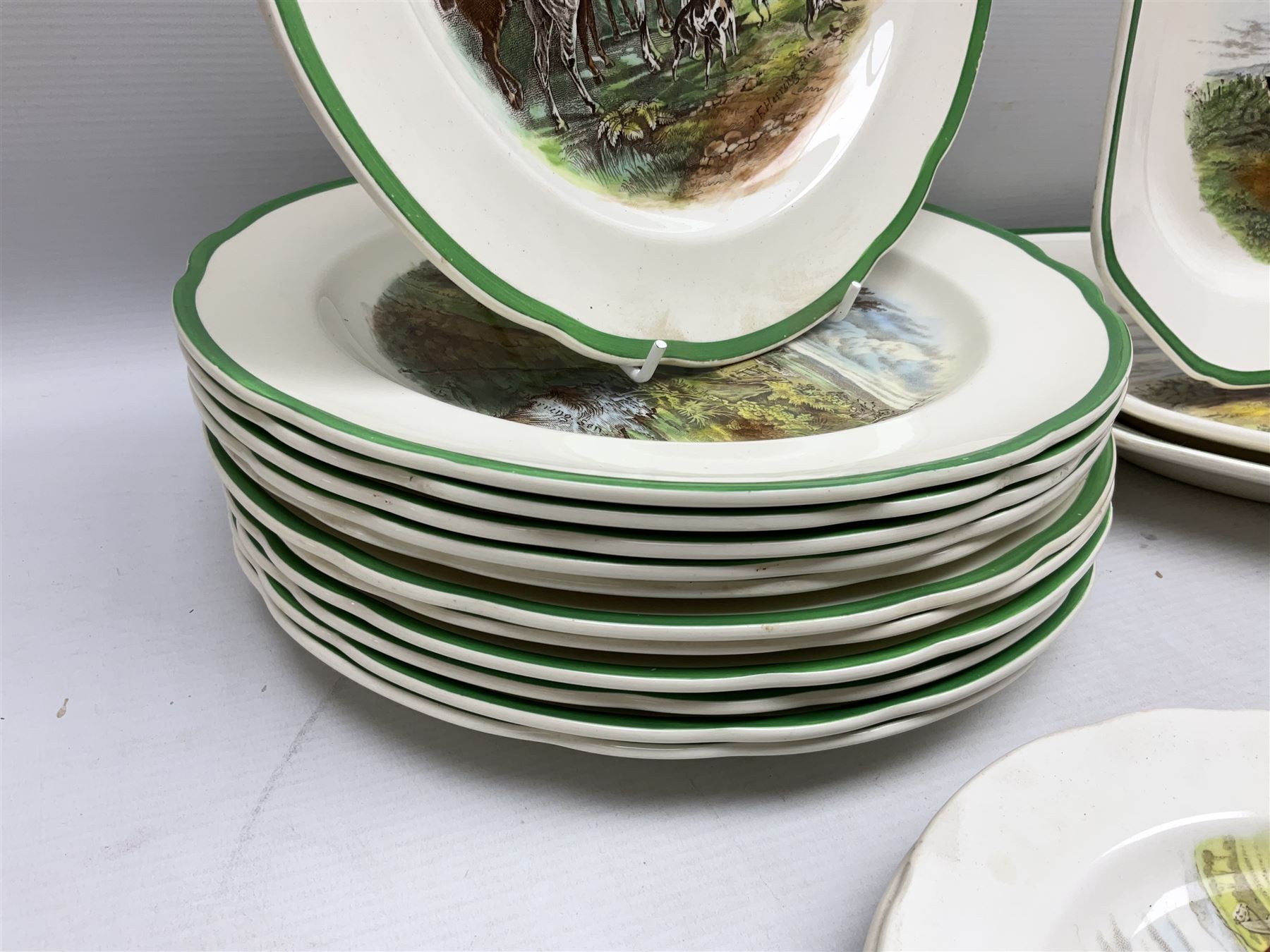 Collection of Copeland Spode hunting scenes dinner wares, after J. F. Herring, to include dinner plates, side plates, graduated serving platters, lidded box etc, together with Spode's Byron breakfast cup and saucer, all with printed marks beneath (29)