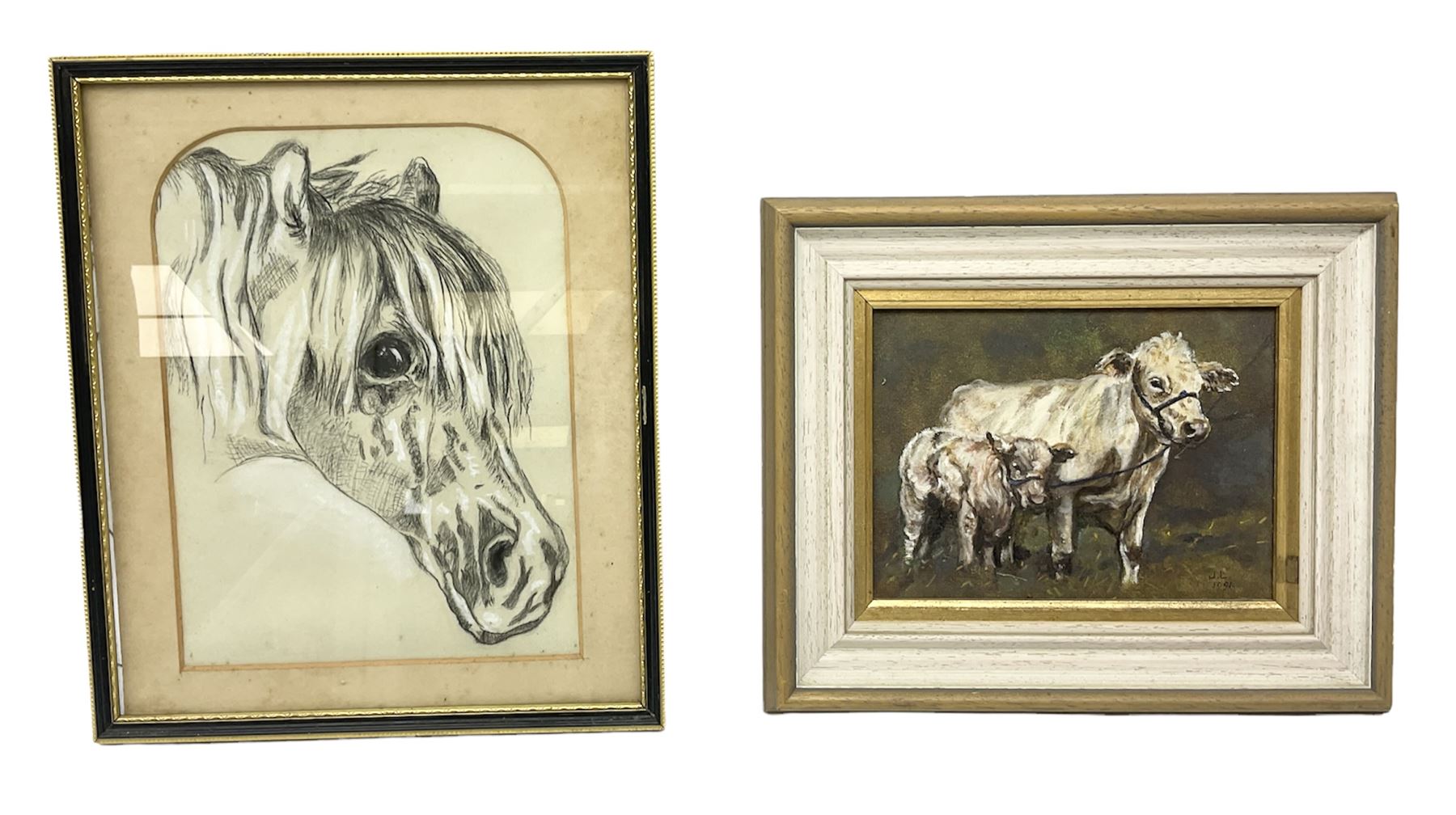 English School (20th century): Westaby Sheriff Hutton Cow and Calf, oil on board signed and dated 1991 together with a chalk portrait of a horse max 25cm x 19cm (2)