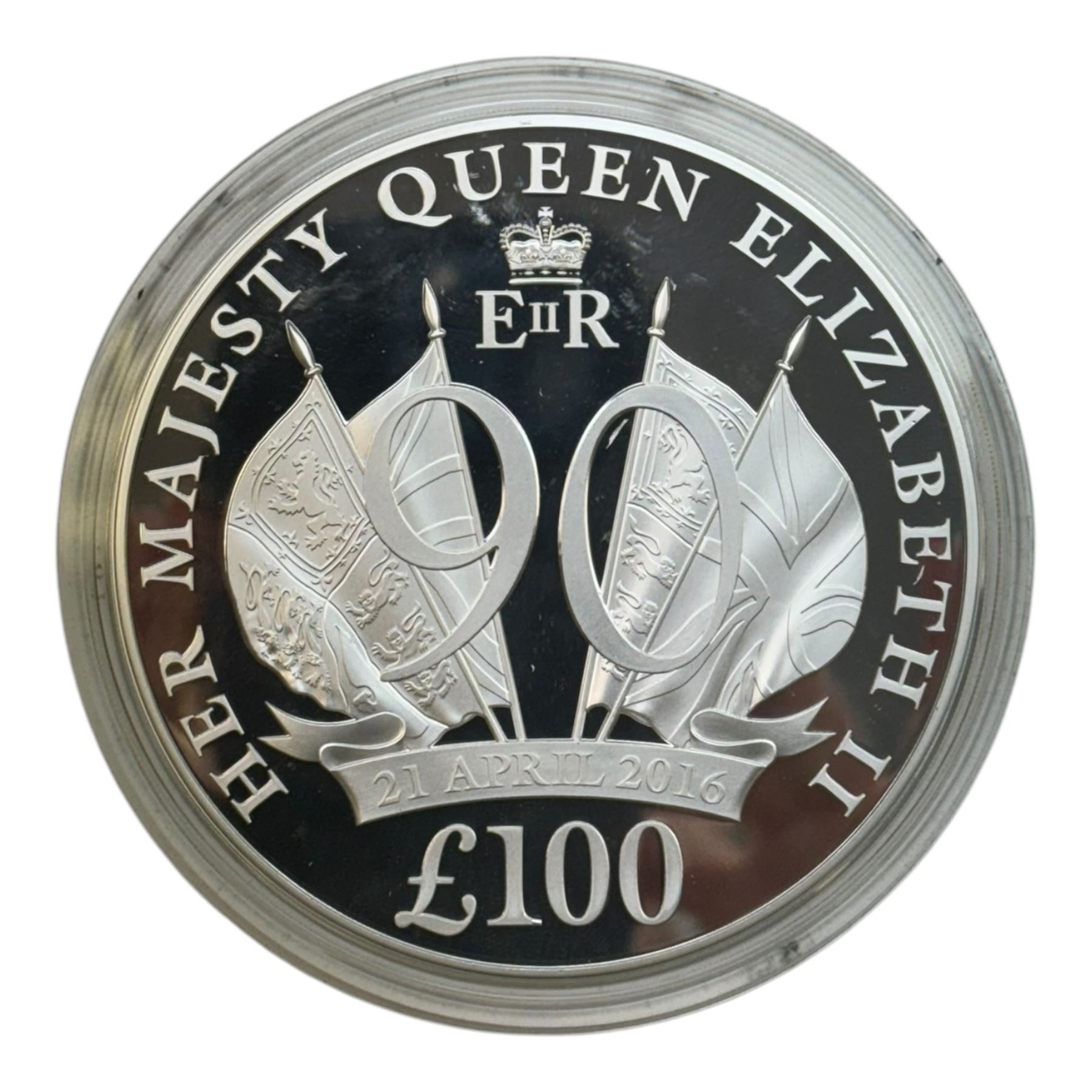 Queen Elizabeth II Bailiwick of Jersey 2016 'Queen Elizabeth II 90' one kilo silver proof one-hundred pound coin, cased with certificate