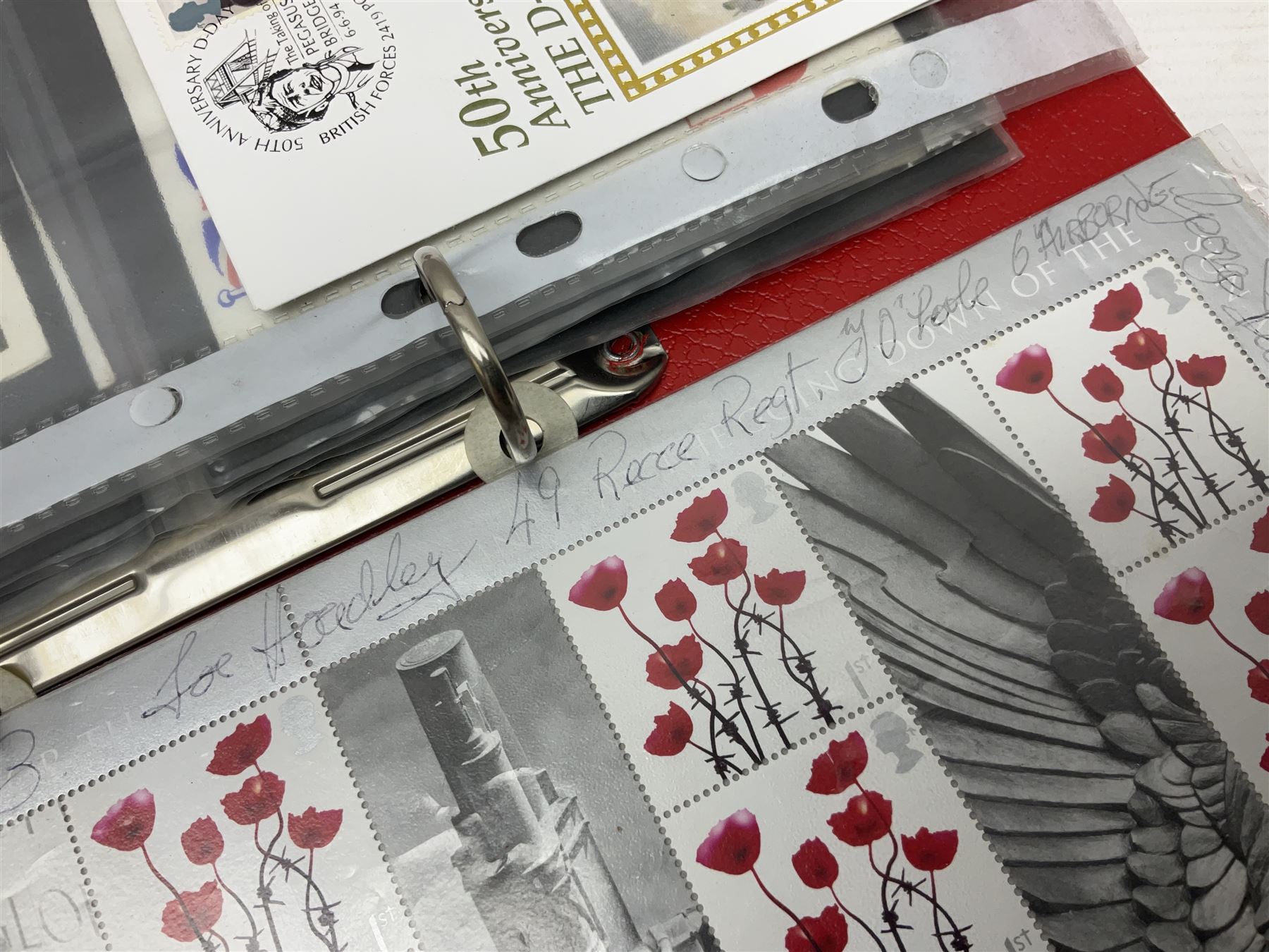 Mint block of twenty Royal Mail Remembrance Day 1st Class stamps with various signatures around the margin; and thirteen First Day Covers of military/maritime interest