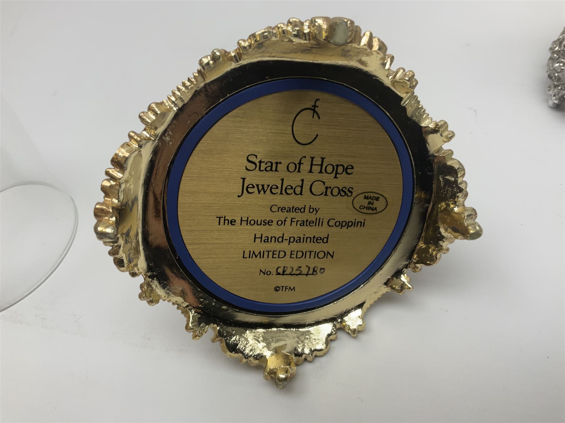 Four limited edition Franklin Mint House of Fratelli Coppini crosses, to include Majestic Cross, Sacred Cross, Star of Hope Jewelled Cross and The Gates to Paradise Cross, all under glass domes, H13cm