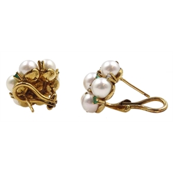 Pair of gold pearl, emerald and diamond cluster stud earrings, hallmarked 9ct 