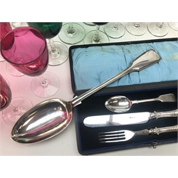  Selection of late Victorian and later cranberry and green glass wine glasses on clear glass stems, Turk's Head Scarborough silver-plated spoons and forks, Victorian silver-plate basting spoon, silver-plated beaded pattern spoons and forks and other glass and assorted plate   