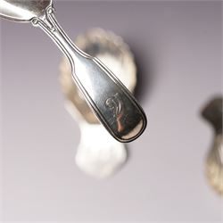 Pair of silver caddy spoons with shell shape bowls and flattened handles London 1977 Maker A Chick & Sons Ltd and a Victorian silver fiddle and thread pattern caddy spoon London 1866 Maker Chawner & Co  