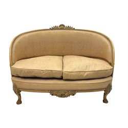 French Louis XV design walnut framed sofa, tub-shaped upholstered back with gilt foliate carved crest, padded seat with twin loose cushions, raised on cabriole supports with shell and acanthus leaf carvings
