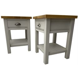 Pair of oak and painted lamp tables or bedsides, each fitted with single drawer and shelf 