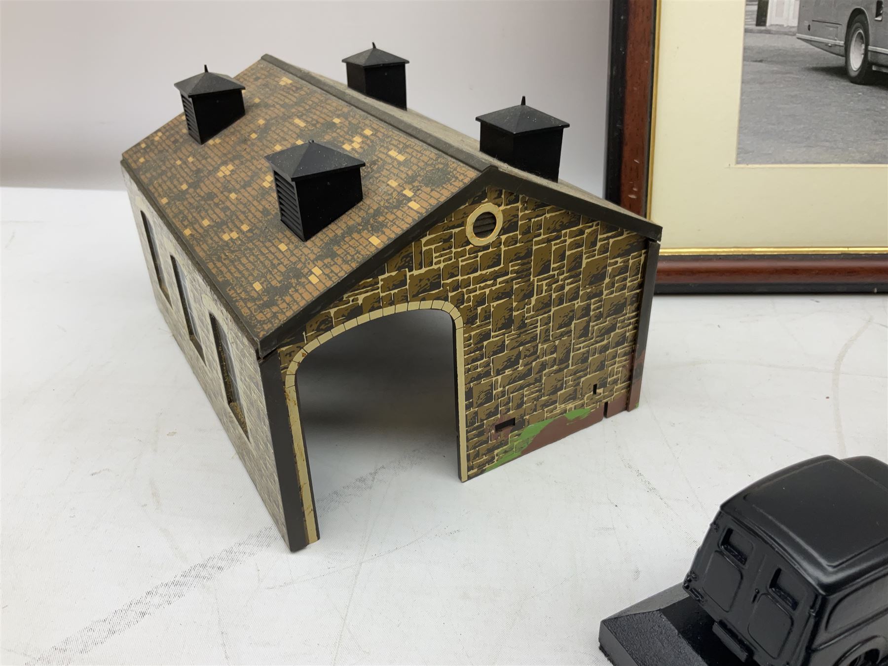 Quantity of model houses, framed print, coal E & J Mining Memories Morris Minor figures etc