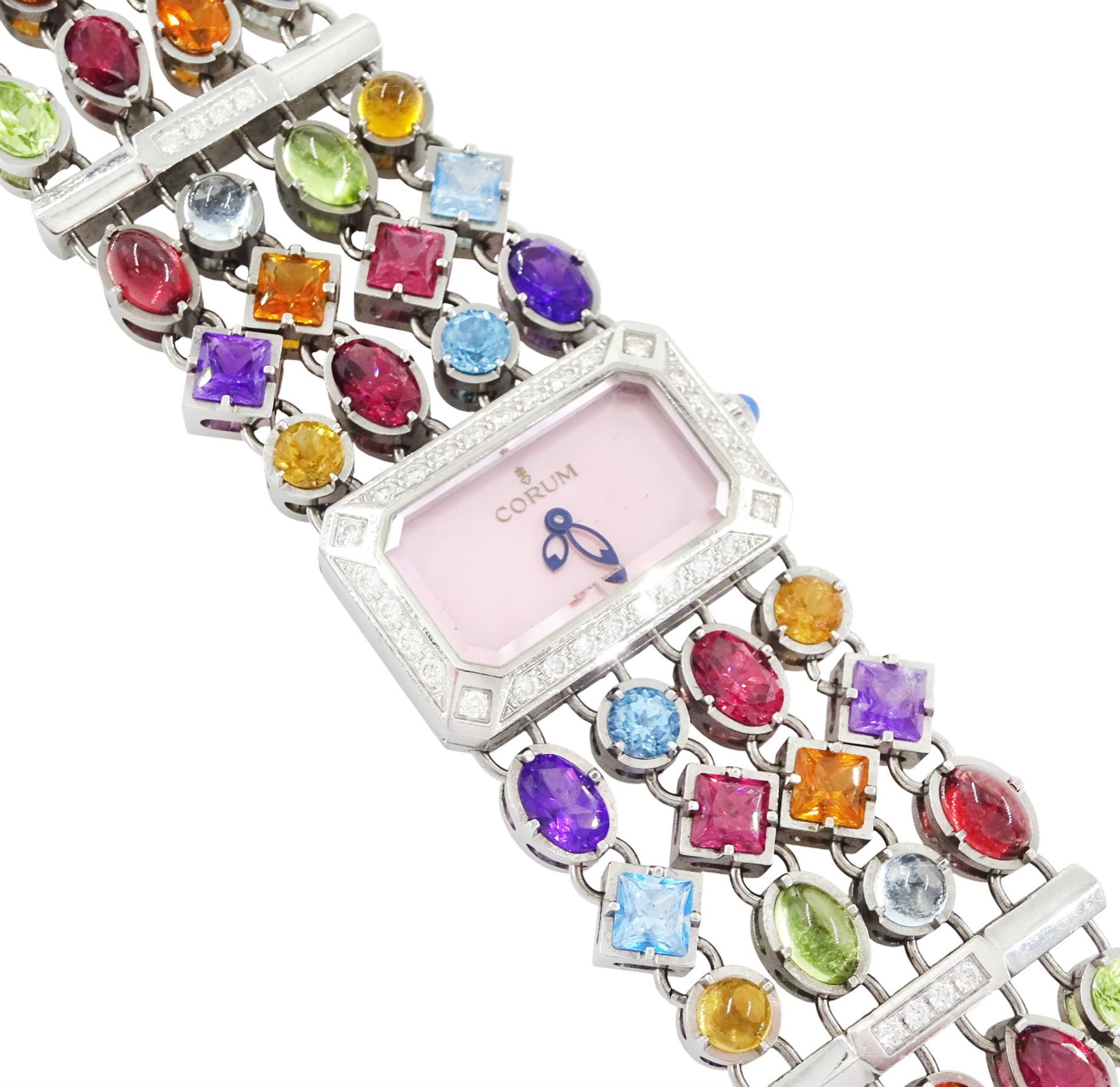 Corum Potpourri ladies stainless steel multi gemstone set quartz wristwatch, Ref. 137.520.47, serial No. 1710972, pink mother of pearl dial, diamond set bezel, on a multi gemstone set bracelet