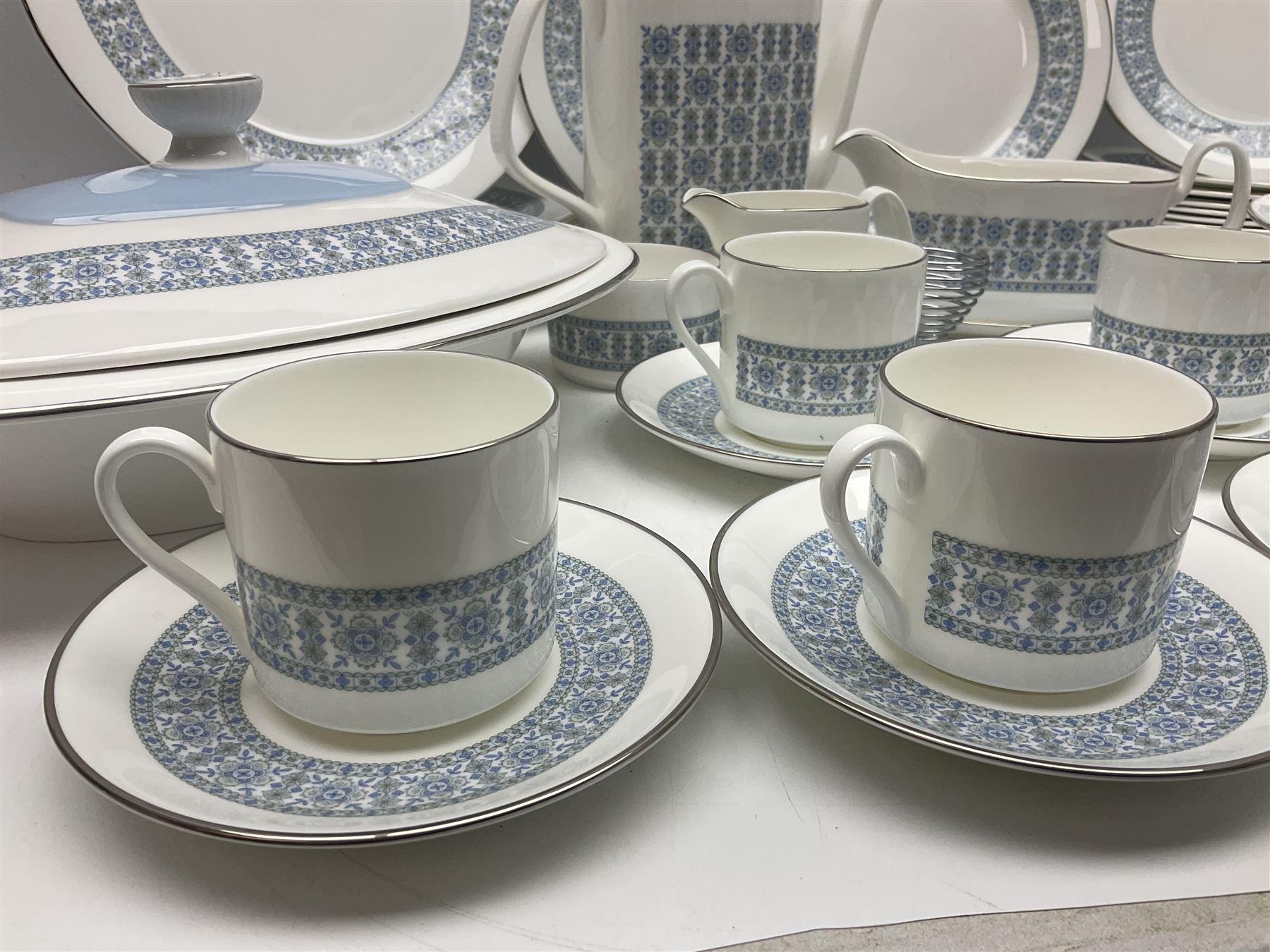 Royal Doulton Counterpoint pattern tea and dinner service for six, to include teapot, teacups and saucers, milk jug, sucrier, dinner plates, covered dishes etc