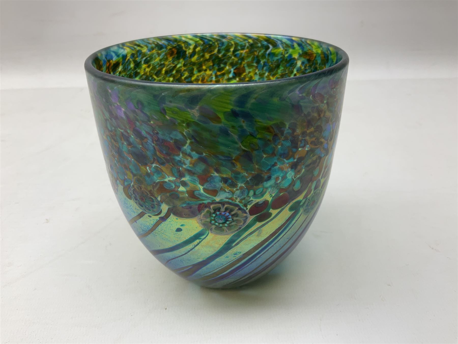 RTV -Jonathan Harris glass cup vase in the 'Everglades' pattern, of floral and striped blue, green and purple iridescent design, with etched 'Ironbridge 2004' mark beneath, with box, H11cm