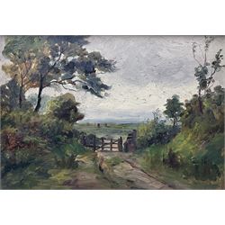 John Robert Exley (Lancashire 1890-1979): Gated Field, oil on board unsigned, labelled verso 24cm x 34cm