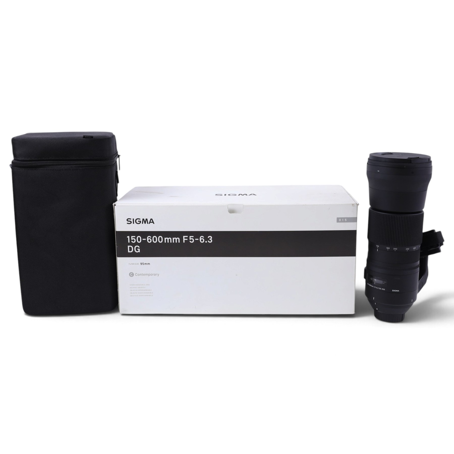 Sigma 150-600mm F5-6.3 DG camera lens, serial no. 53565860, boxed with soft case 