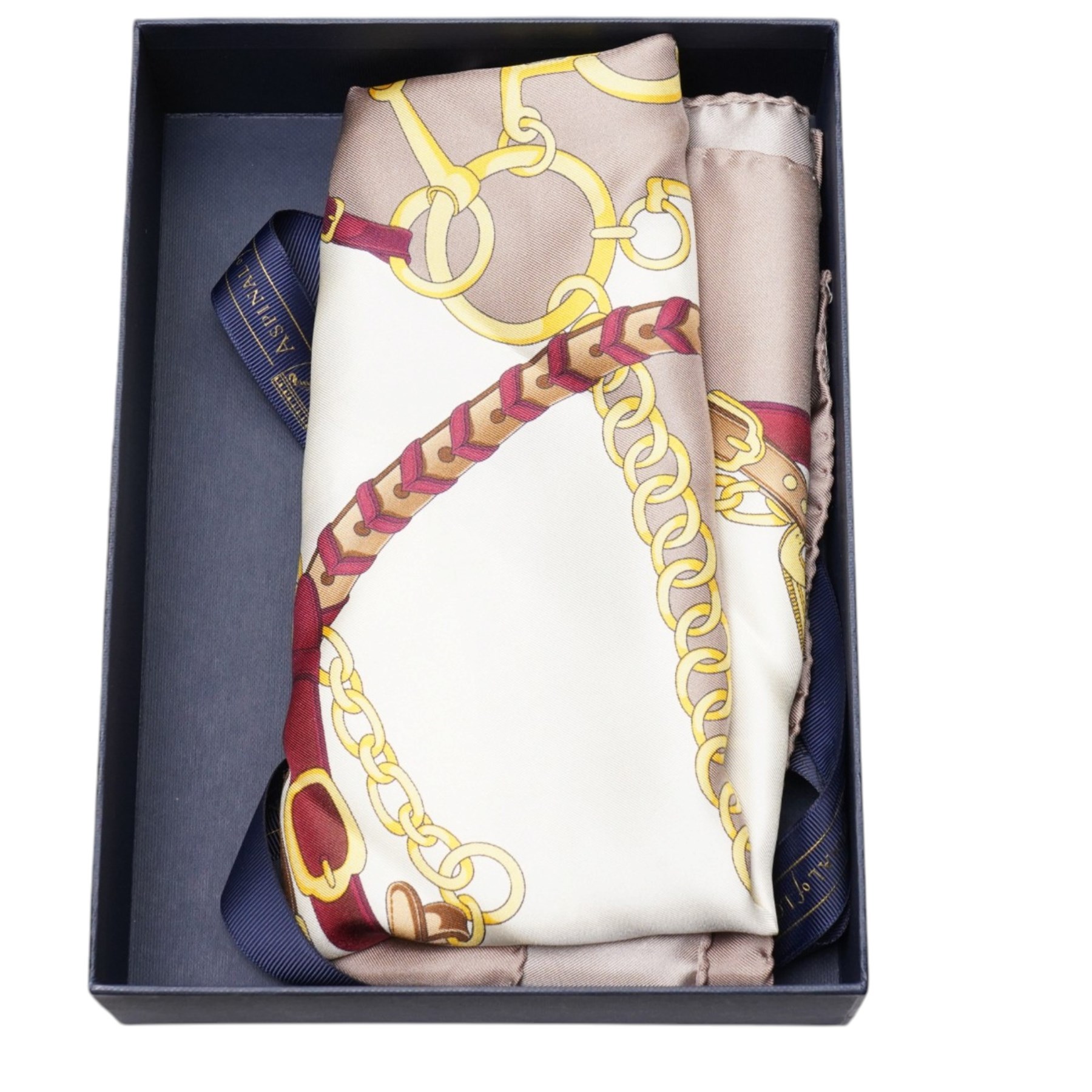 Collection of scarves, including Aspinal signature shield silk scarf in latte with 'Aspinal of London' motif, Niamh Daniels large blue, green and red silk scarf, Jaeger diamond silk scarf 'To commemorate the Queen's Diamond Jubilee 1952-2012', four White Company cotton handkerchiefs, etc (9)