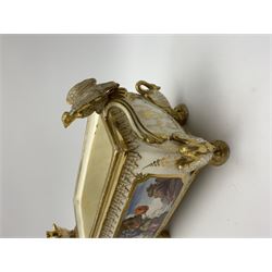 19th century Coalport bough pot, circa 1820, of bombe form, the body with twin handles surmounted by two birds and raised upon four feet modelled as swans, hand painted with two panels depicting an urn of flowers set against a mountainous landscape, the whole heightened in gilt throughout, H13cm L21cm