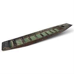 Large early 20th century plank-built wooden river punt, the long tapering hull with enclosed fore and aft decks, open green-painted ribbed interior, together with two paddles