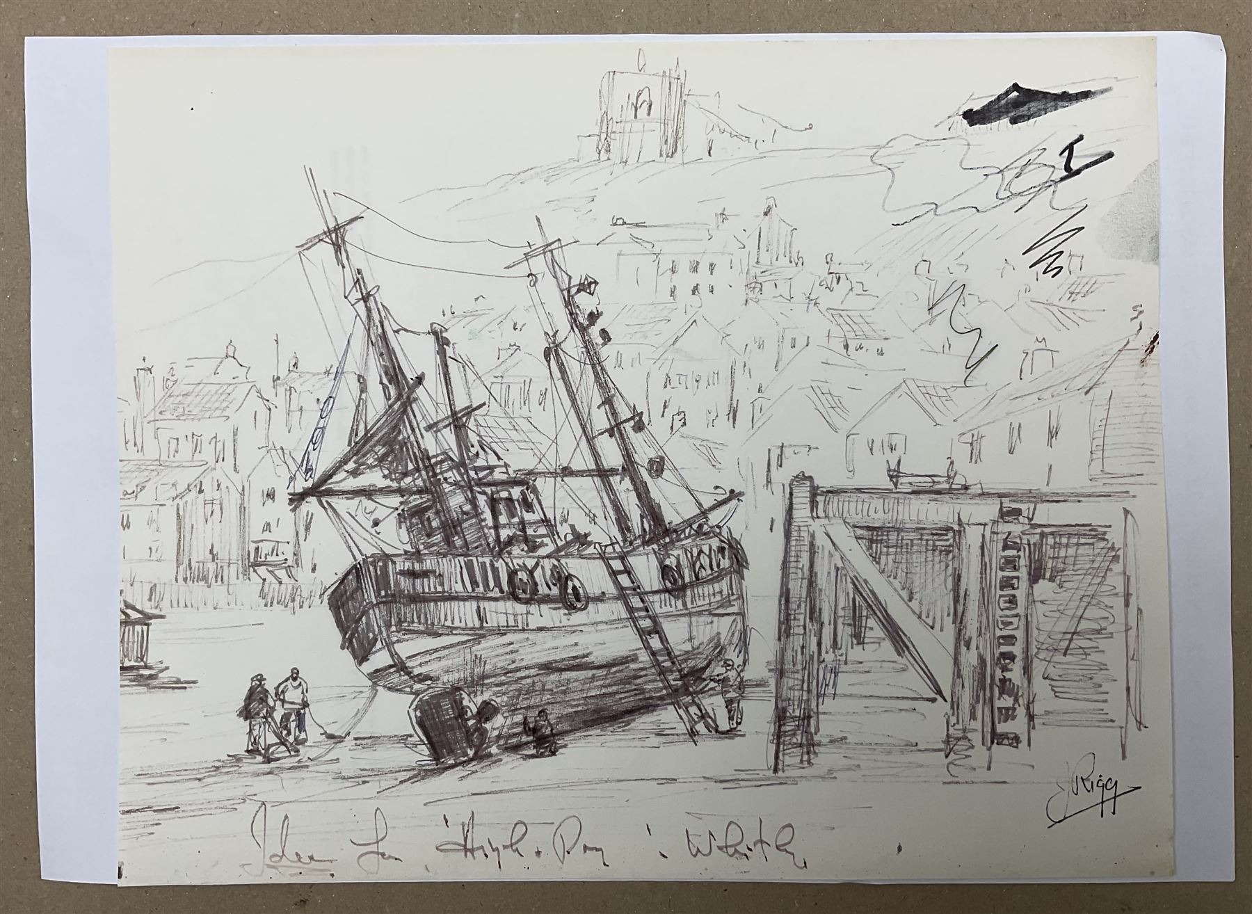 Jack Rigg (British 1927-2023): 'High & Dry' Whitby Harbour, preliminary pen and ink sketch signed and titled 20.5cm x 26cm (unframed)