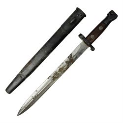 British Pattern 1888 knife bayonet, the 30.5cm double edged blade with raised central medial ridge; in leather covered scabbard L40.5cm overall