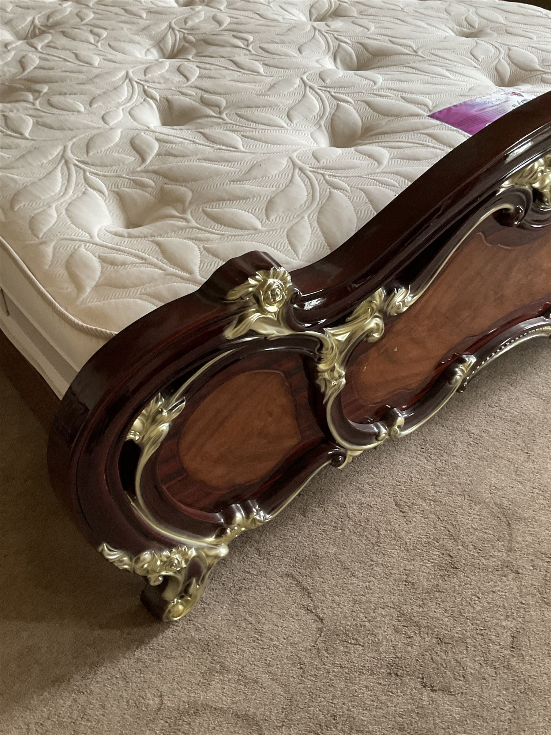 Rococo style 6' Super Kingsize bed, ornate shaped and floral design in wood finish, upholstered buttoned headboard, decorated with scrolled foliate and flower heads, together with mattress