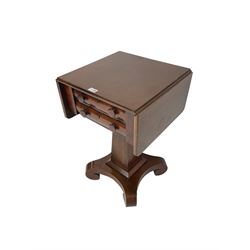 Victorian mahogany drop leaf work table, fitted with two drawers, square tapered column on scrolling quatrefoil base with scrolled feet