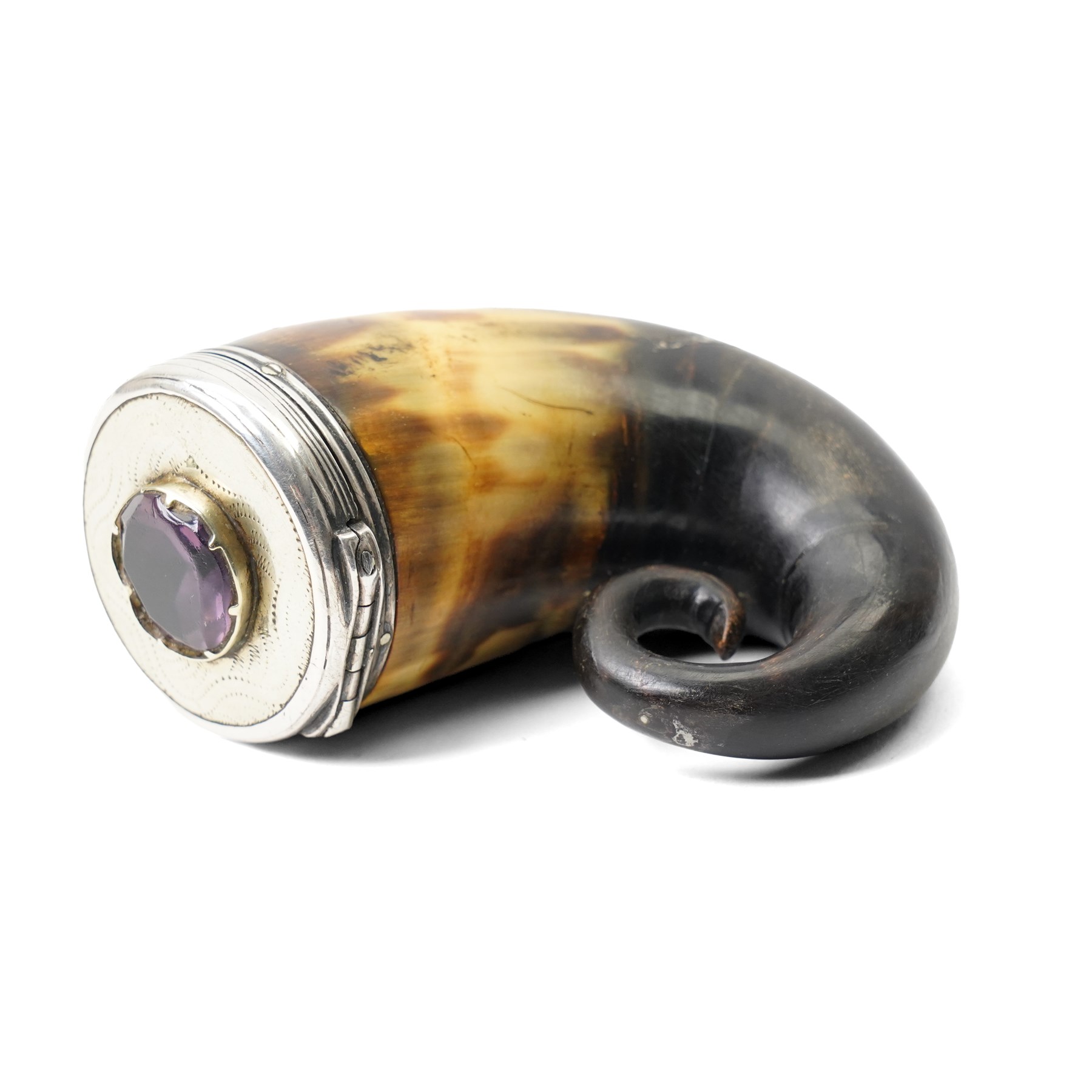19th century horn snuff mull the cover with silvered mounts and  with purple glass inset