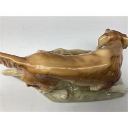 Royal Dux porcelain hunting dog with a bird, printed mark beneath, L36cm