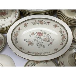 Minton Jasmine pattern tea and dinner wares, including dinner plates, sauce boats, side plates, bowls, teacups, coffee cans and twin handled soup bowls, etc (122)