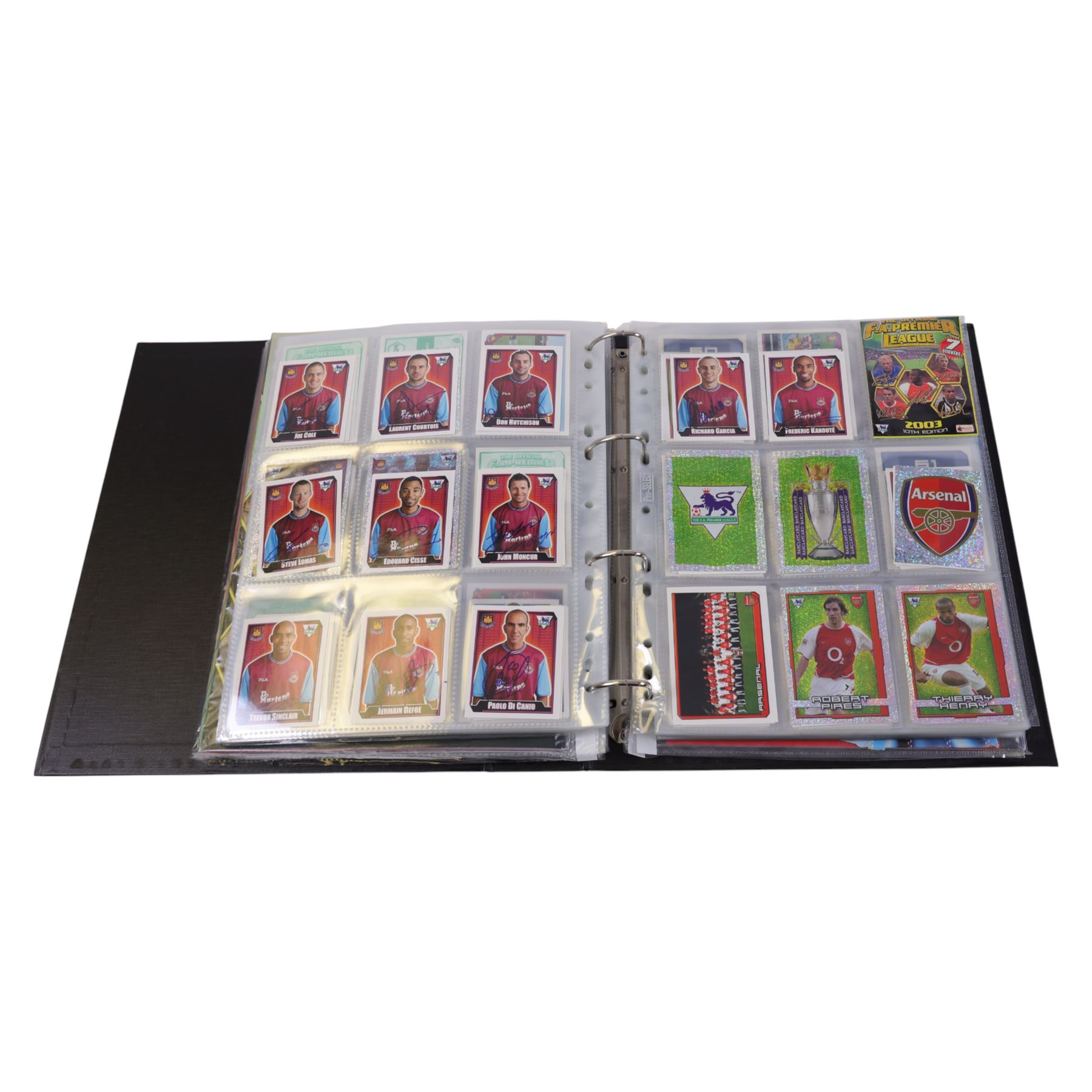 Collection of Football related stickers and albums, including Portugal Euro 2004 unused album and a collection of stickers,  Merlin The Official FA Premier League Sticker Collection 10th Edition 2003 unused album and stickers, Merlin The Official FA Premier League Sticker Collection 11th Edition 2004 unused album, Merlin The Official FA Premier League Sticker Collection 2001 unused album and stickers, Merlin The Official FA Premier League Sticker Collection 2002 unused album and stickers and Merlin's 2002 England unused album and stickers, housed in two folders