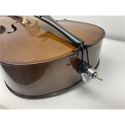 Stentor Student I quarter-size cello with 59.5cm two-piece maple back and ribs and spruce top; bears maker's label with serial no.M076096 L95.5cm overall; in Stentor soft carrying case with bow