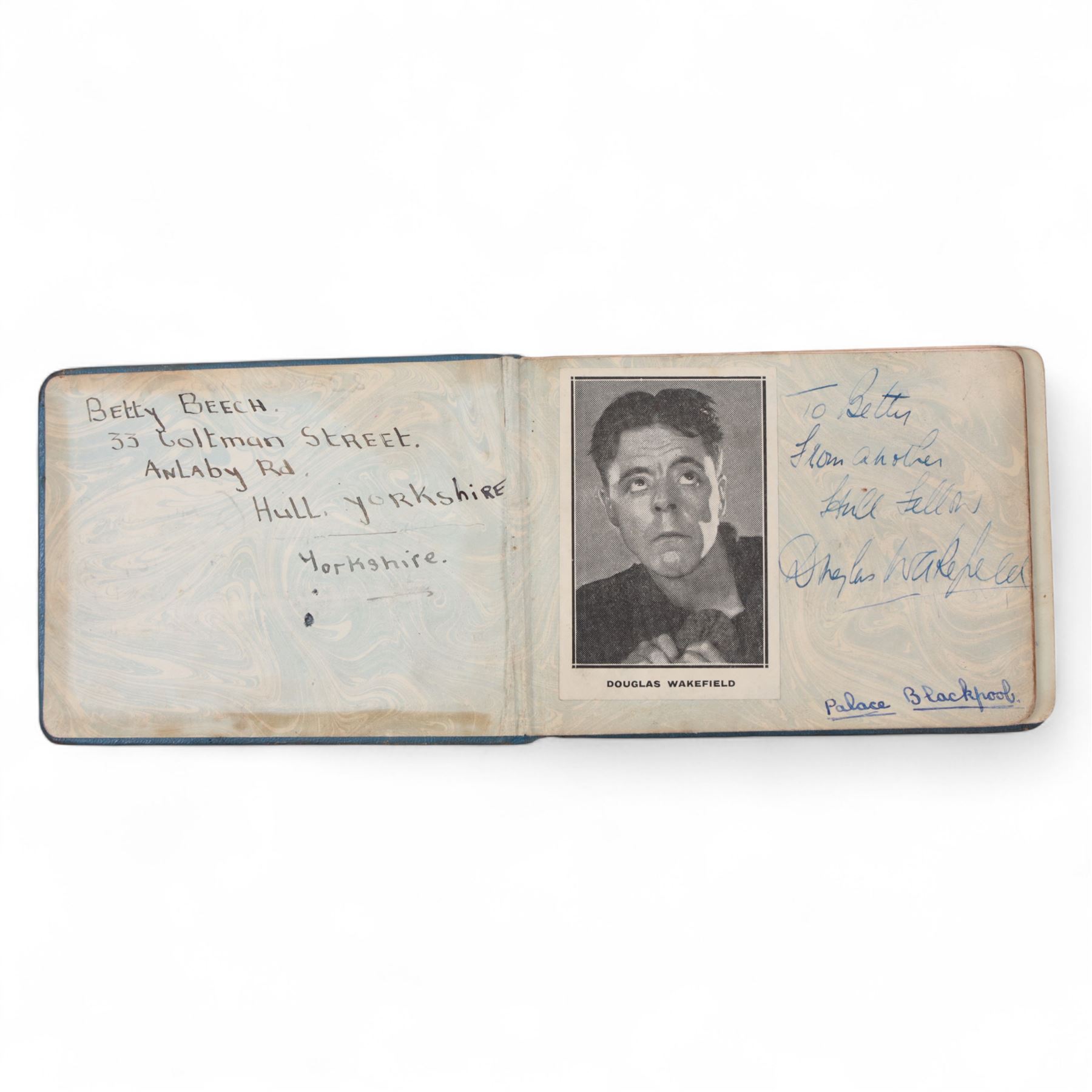 1930s autograph book containing various signatures from theatre performers and musicians, including Douglas Wakefield, Dorothy Langley, Phyllis Robins, Billy Scott-Coombes, Alfredo, etc 