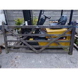  Pair of large wooden five bar farm field gate, with wrought metal hinges, latch and stay, W259cm, H120cm (2)  