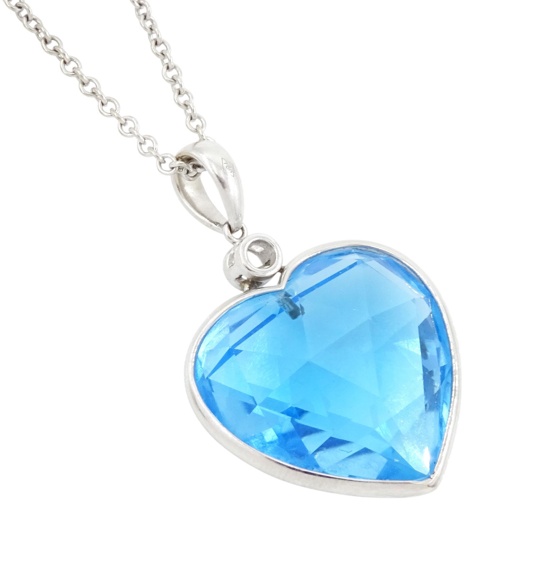 18ct white gold single stone heart cut Swiss blue topaz pendant necklace, stamped 750, topaz approx 25.00 carat