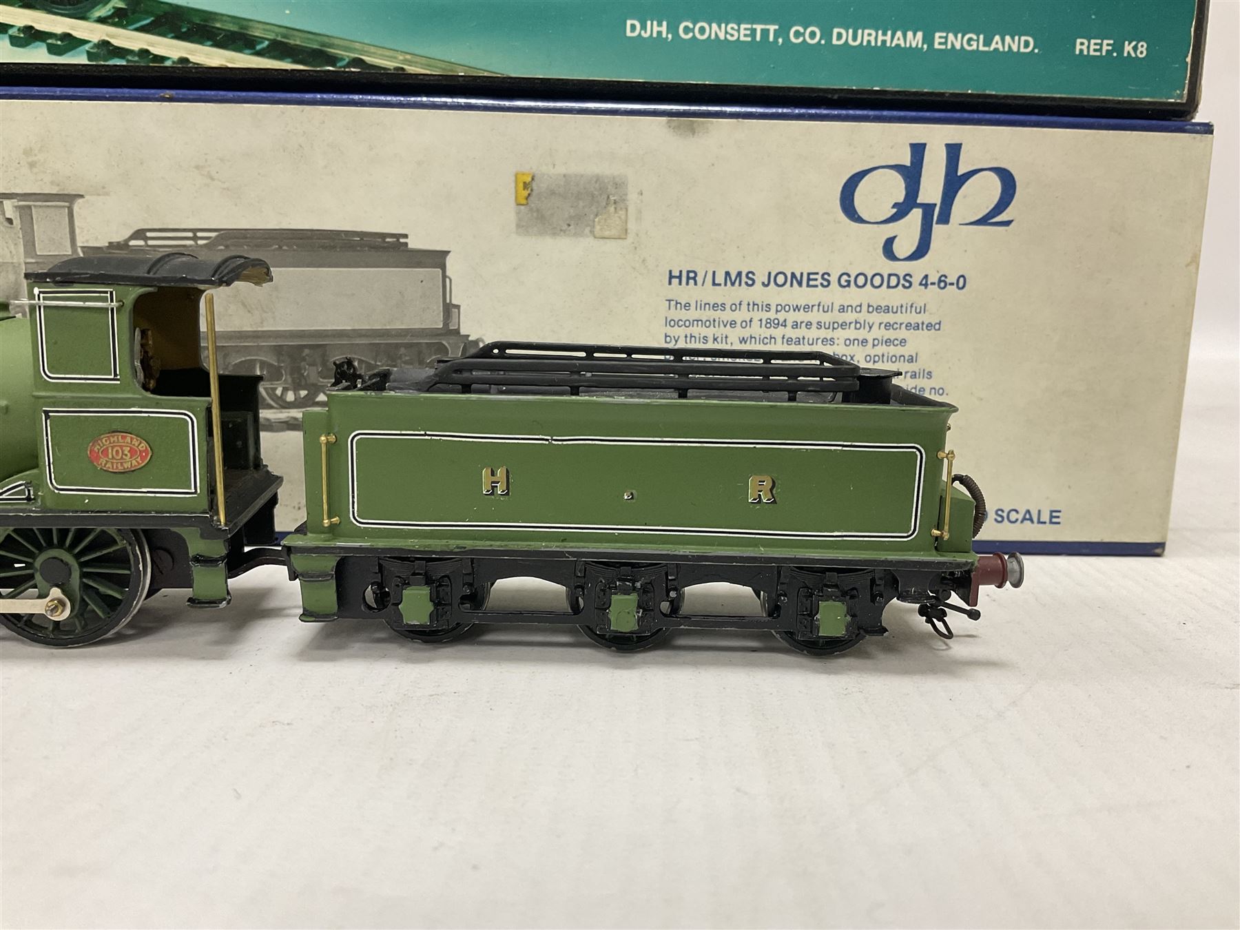 DJH Models - two kit built ‘00’ gauge models comprising K8 CR LMS BR Class 439 0-4-4T no.15189 locomotive in crimson and HR/LMS Jones Goods 4-6-0 no.103 locomotive and tender in HR green; in original boxes 