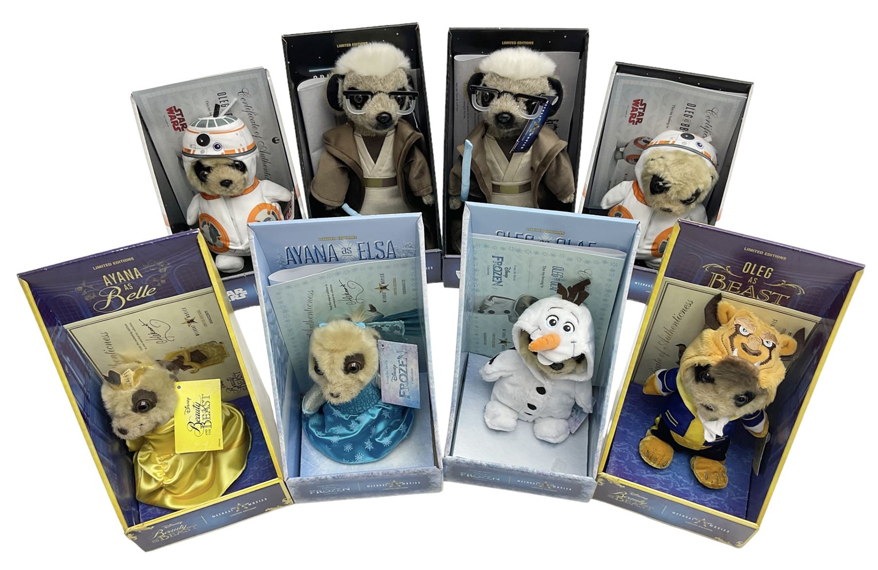 Eight limited edition Compare The Meerkat stuffed meerkats, to include Frozen, Beauty and the Beast and Star Wars