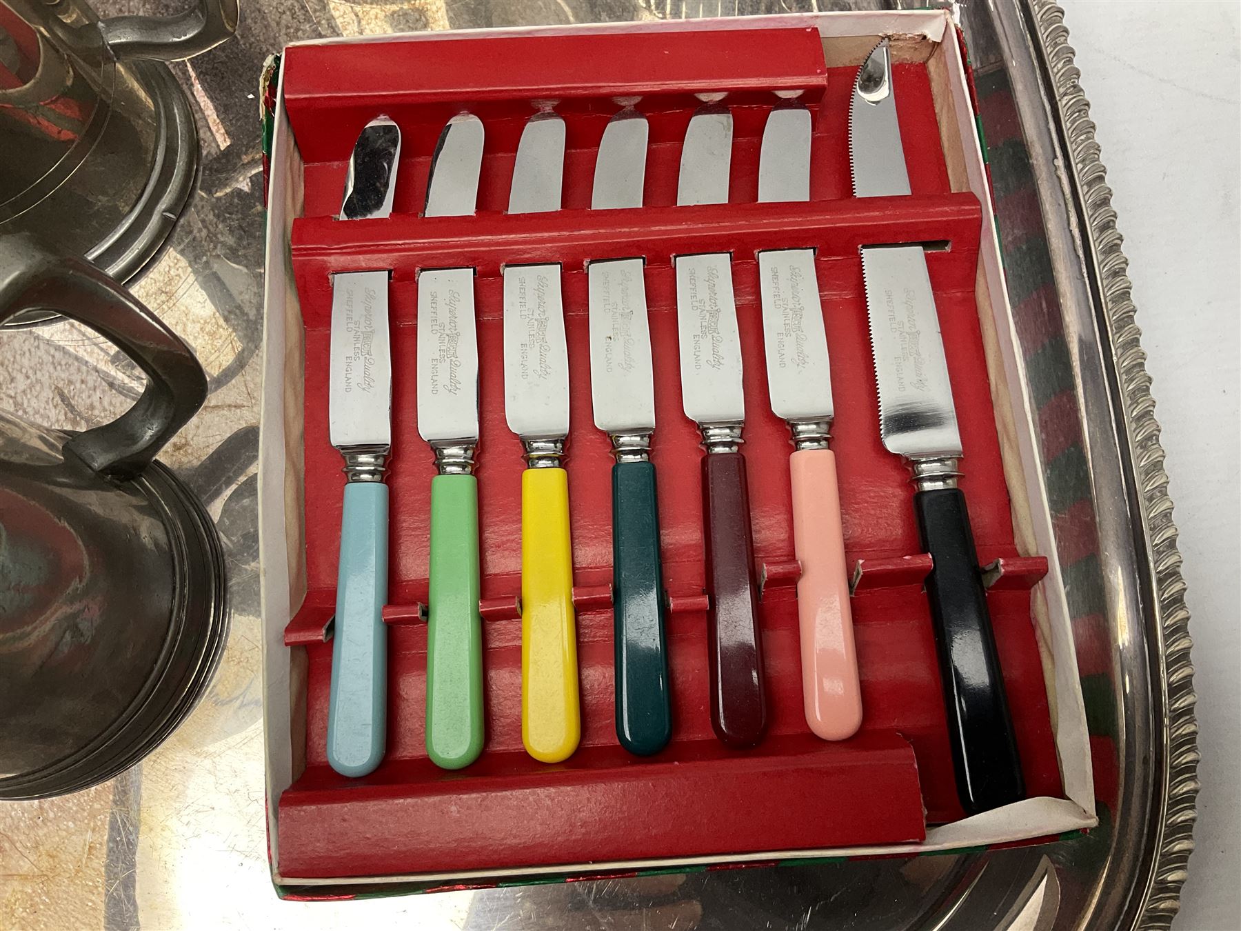 Collection of silver plate to include teapots, coffee pots, milk jug, sucrier, serving spoons, etc, together with pewter tankards 