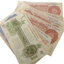 King George V Treasury series Warren Fisher ten shillings note, Bank of England Peppiatt Emergency Issue one pound note, and various one pound and ten shilling notes
