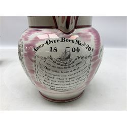 Early 20th century Sunderland lustre jug, decorated with transfer Masonic scene and poem 'The World is in Pain/Our Secrets to Gain/But Still Let Them Wonder and Gaze/The Never Can Divine/The World Nor The Sign/Of a Free and Accepted Mason', the reverse decorated with Sunderland River Wear cast iron bridge scene below text (a/f), together with a copper lustre jug, and pink lustre bowl, jug H20cm