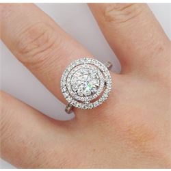 18ct white gold pave set round brilliant cut diamond cluster ring, with diamond set shoulders and gallery, hallmarked