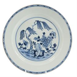 Two 18th century Chinese blue and white plates, comprising octagonal example with figural scene to centre and a larger circular example decorated with a garden scene, largest D27.5cm