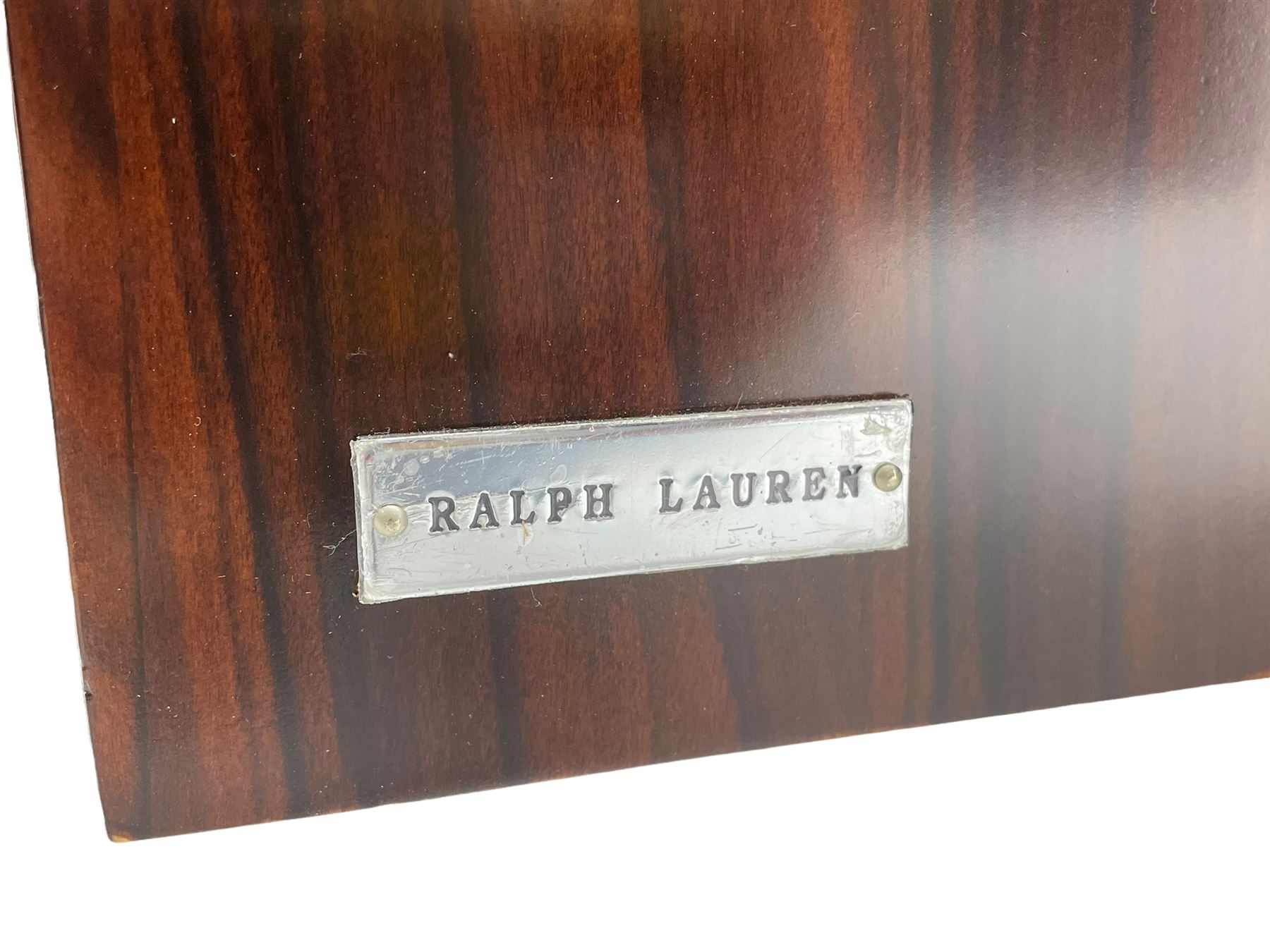 Ralph Lauren - pair 'Metropolis' Art Deco design end-tables, rosewood finish box frame with smoke glass inset, each fitted with cupboard, drawer and shelf